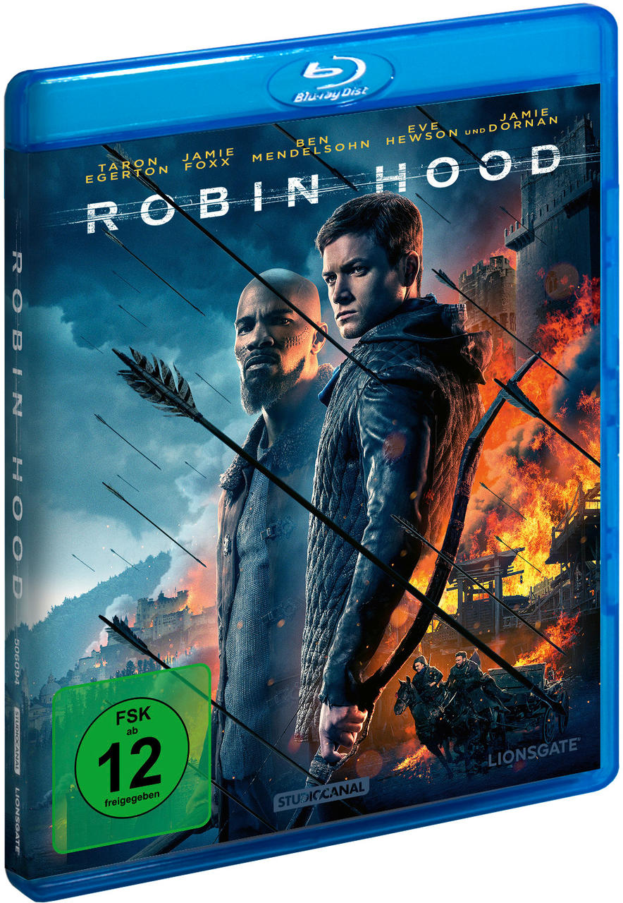 Blu-ray-Cover des Films Robin Hood, mit Jamie Foxx und Taron Egerton, Pfeilen und brennenden Gebäuden.