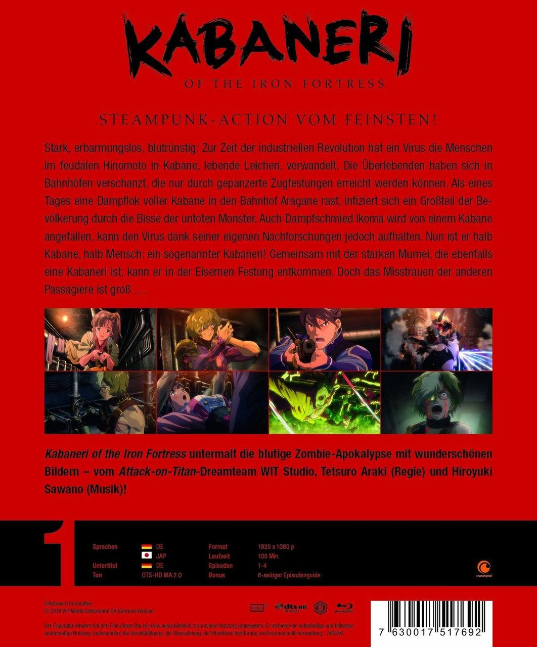 Rückseite des Kabaneri of the Iron Fortress DVD-Covers mit Charakteren und Text auf Japanisch.