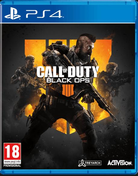 Call of Duty Black Ops 4 cover. Soldaten met wapens tegen oranje achtergrond.