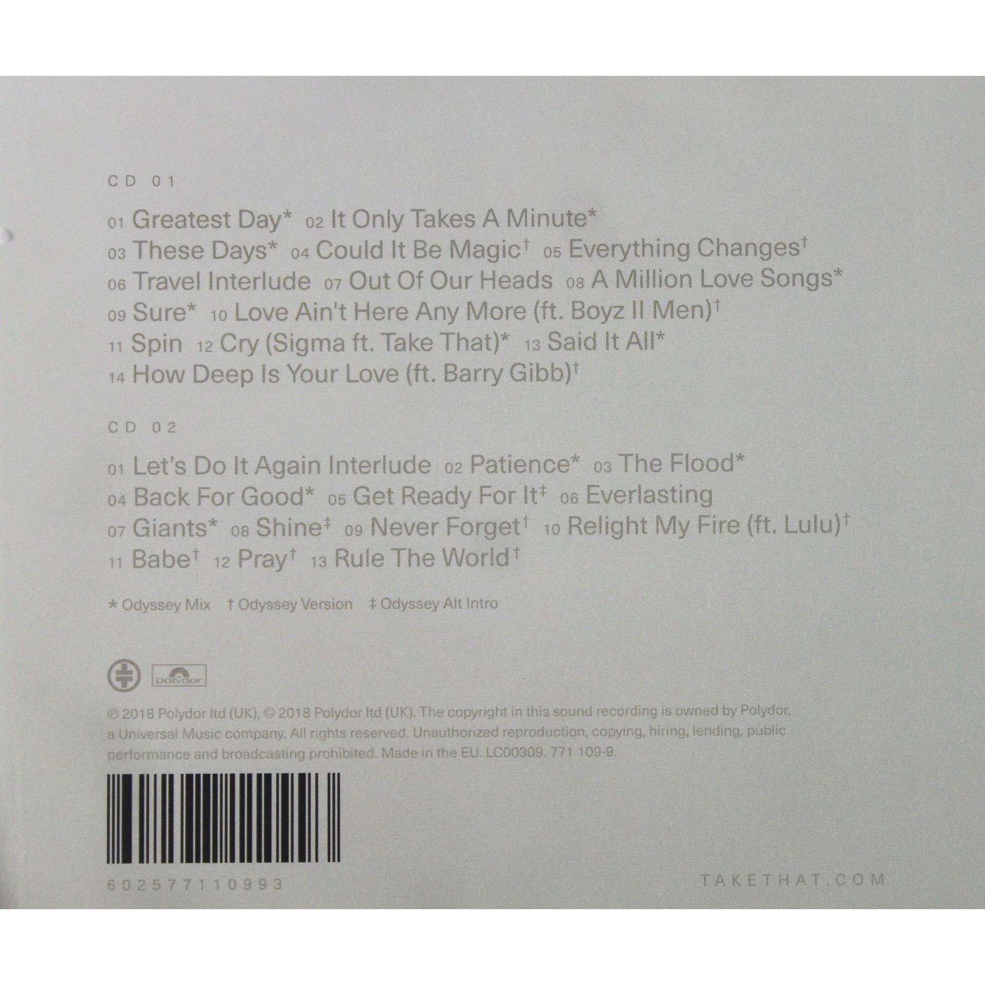 Pochette de CD Take That avec liste des titres et informations sur les droits d'auteur. Tons noirs, blancs et gris.