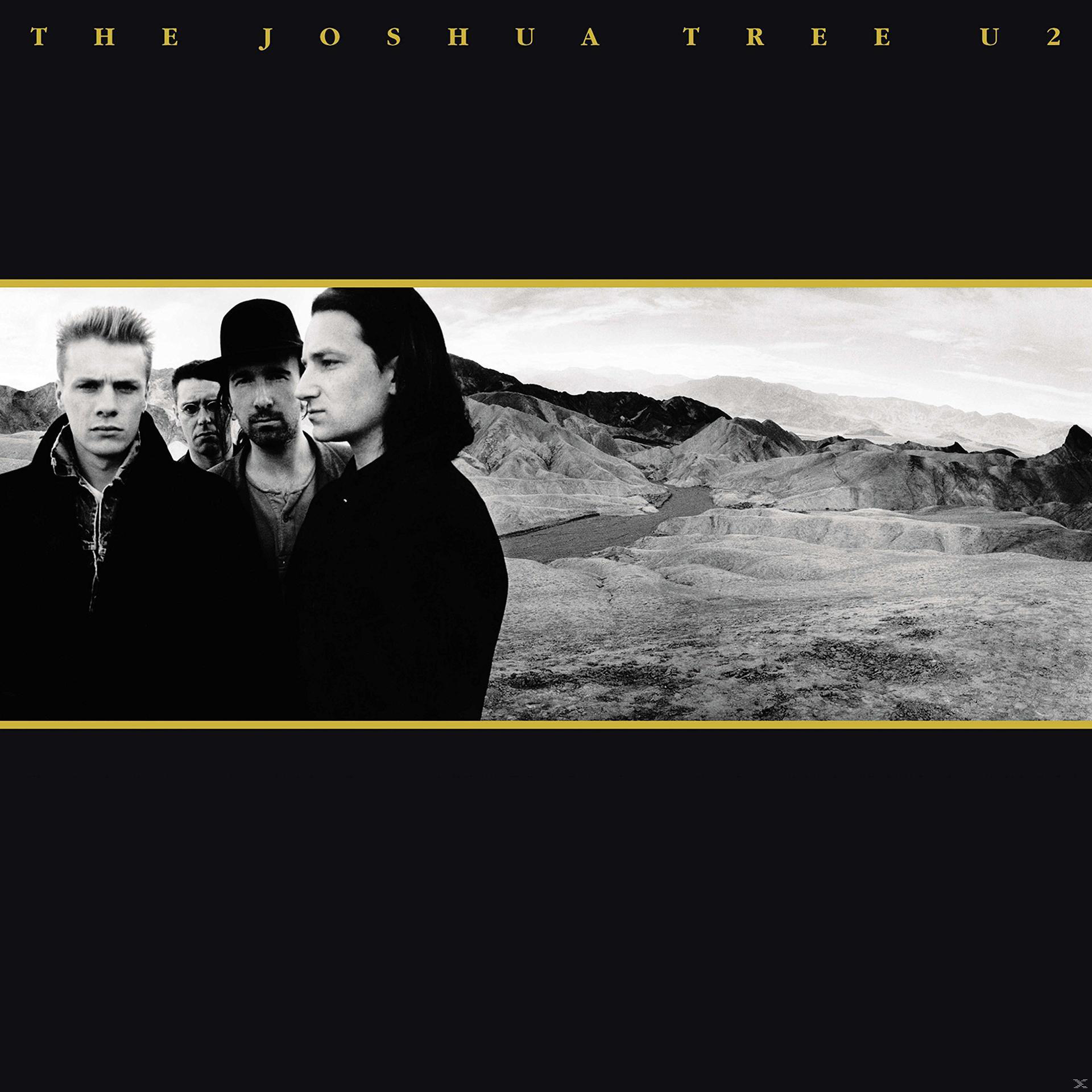 Albumcover: U2-Bandmitglieder in dunkler Kleidung, mit Wüstenhintergrund und Text.