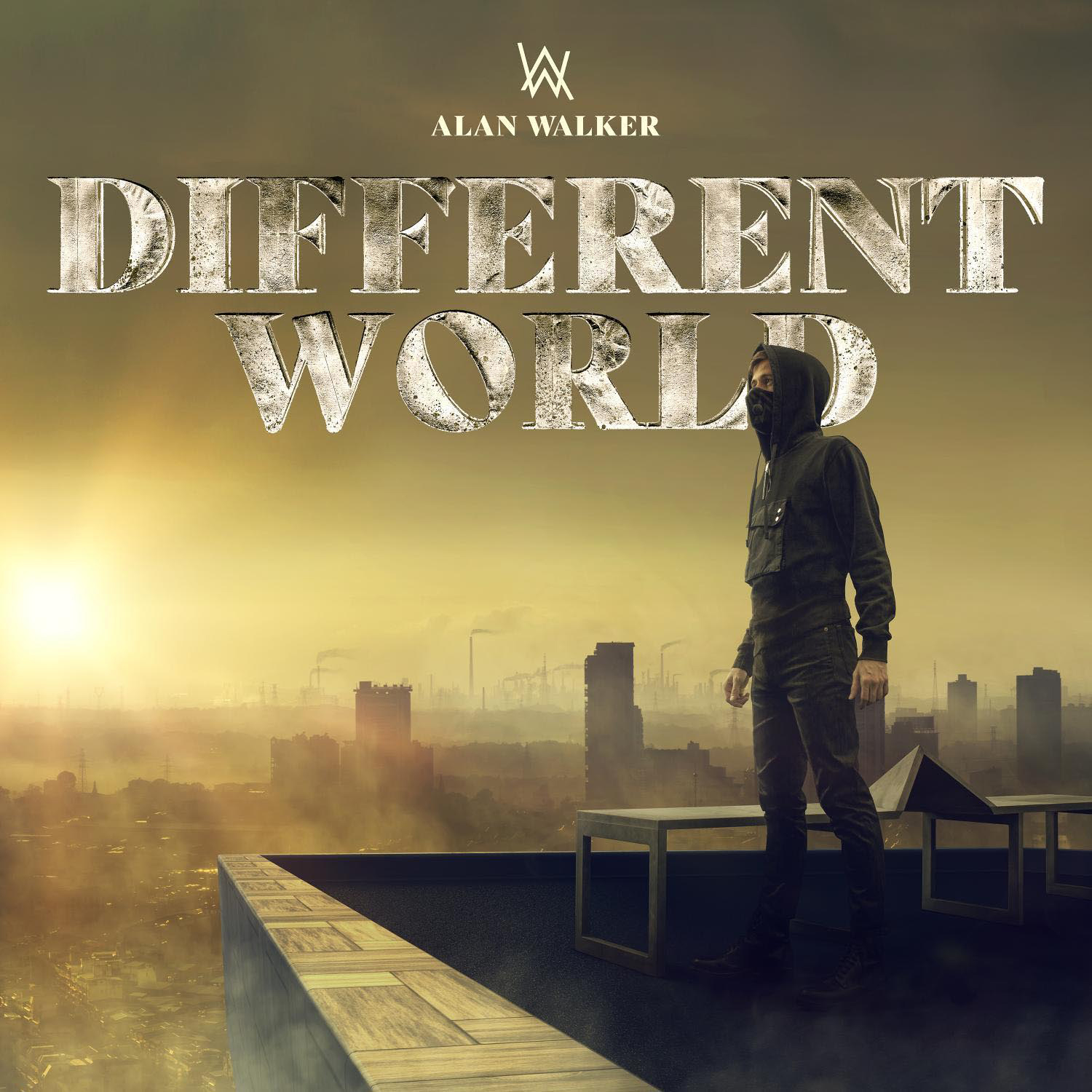 Albumcover: Figur im Kapuzenpulli auf einem Dach, Skyline, Text 'Different World'.