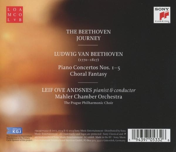 CD-Cover mit Text über Beethoven, Klavierkonzerte und ein Orchester. Weißer Hintergrund.