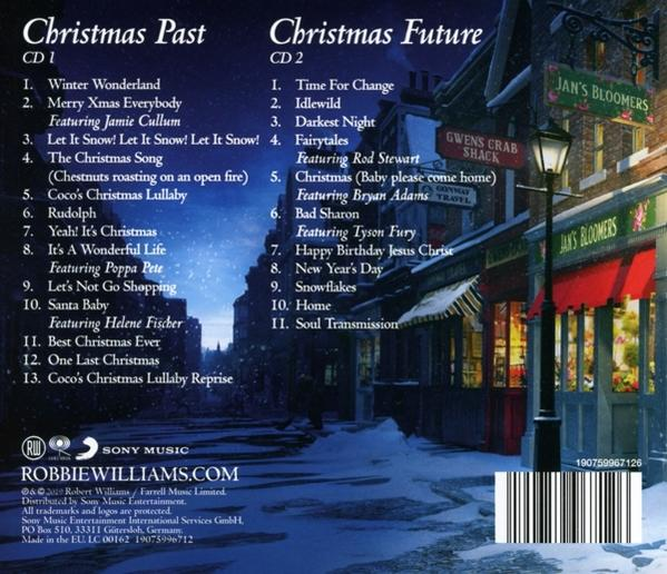 Rückseite einer CD. Auflistung von Songtiteln, Christmas Past und Christmas Future. Straßenhintergrund.