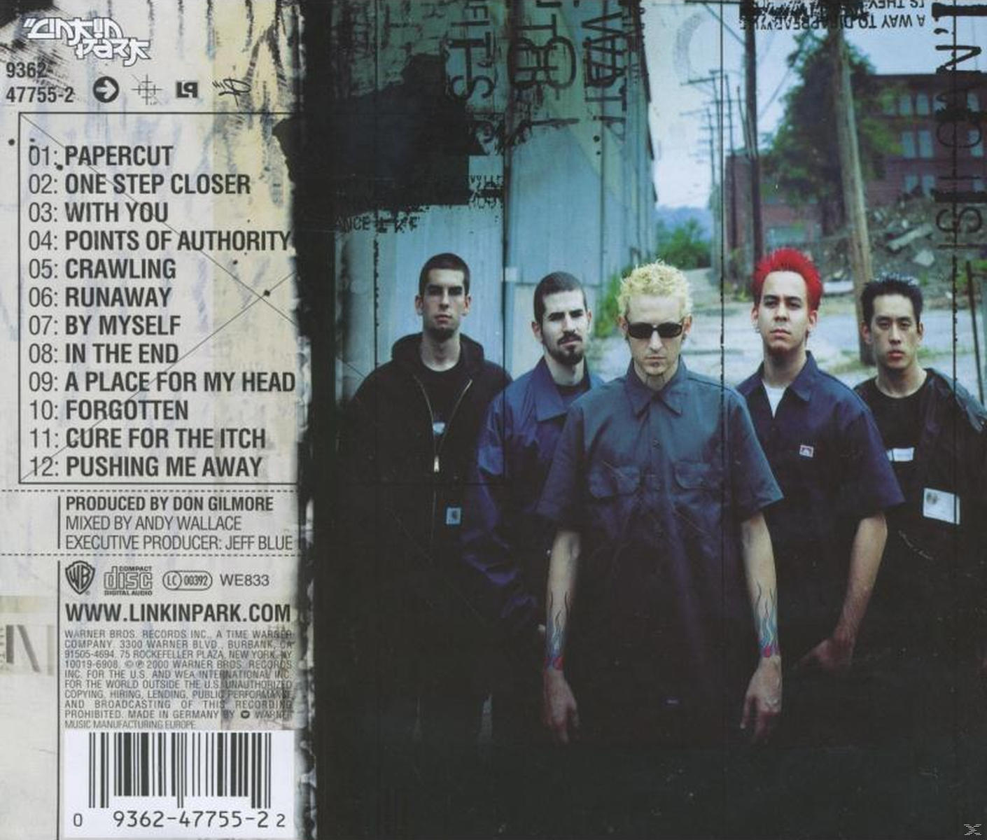 Linkin Park Albumcover mit Bandmitgliedern. Songliste, Albumtitel und Warner Bros. Records-Logo sind sichtbar.