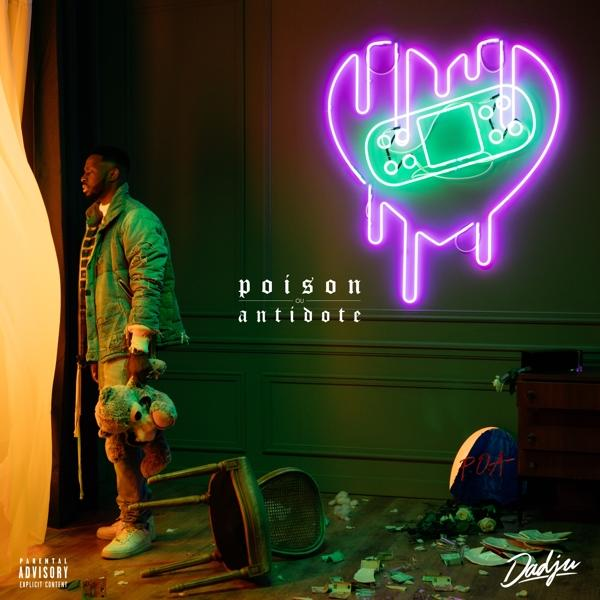 Pochette de l'album 'Poison & Antidote' de Dadju avec cœur au néon, homme et ours en peluche.