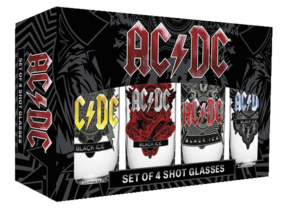 Ein Set von AC/DC Schnapsgläsern. Enthält vier Schnapsgläser mit dem Logo und Albumcover der Band.