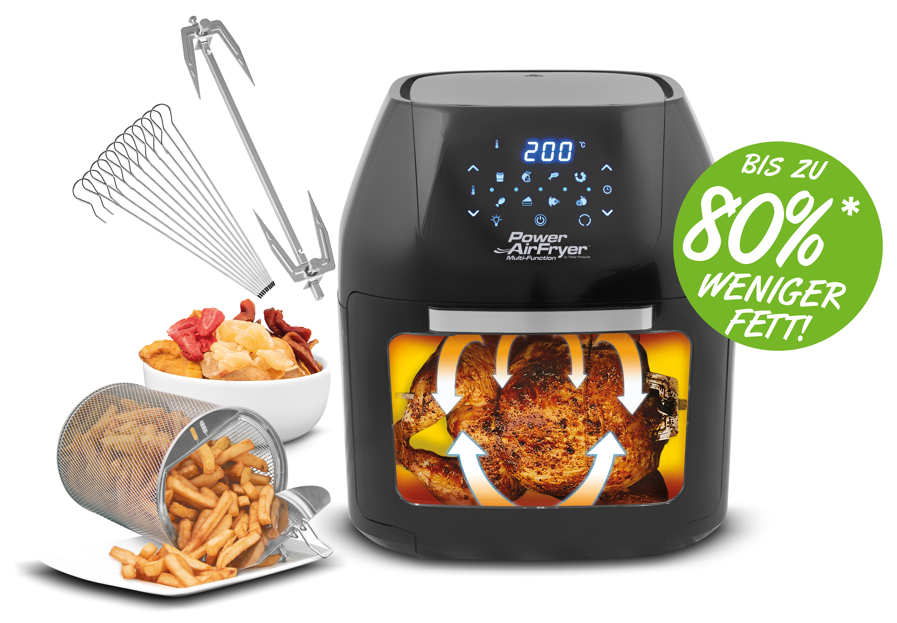 MEDIA SHOP M16438 Power AirFryer Multifunction Heißluftfritteuse (9 l, 1800 Watt, Schwarz)