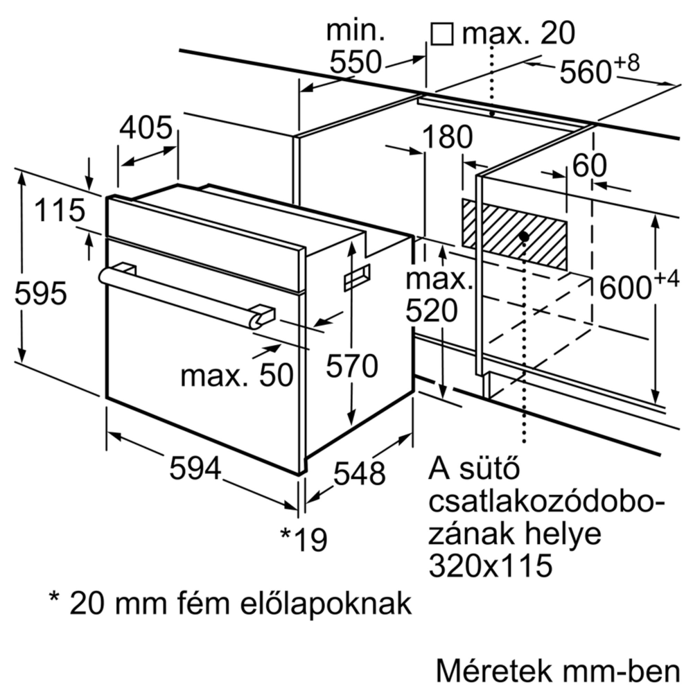 Beépített sütő műszaki rajza méretekkel.