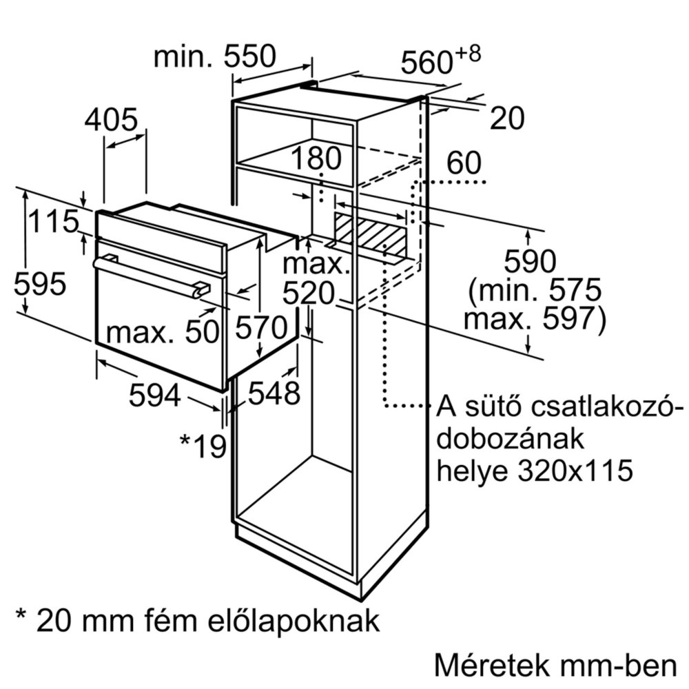 Egy diagram beépített sütő elrendezését mutatja, méretekkel mm-ben. A sütő egy szekrényben van.
