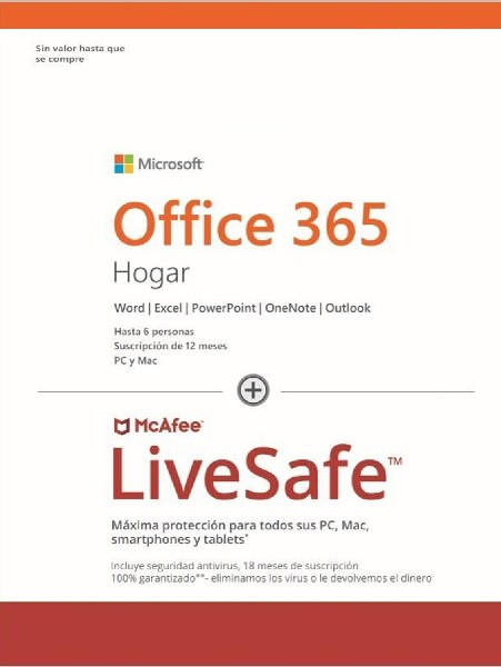 Pack Antivirus Mcafee Live Safe + Office 365 Hogar, Suscrip. 1 año, Multidispositivo (Suscripción Digital)