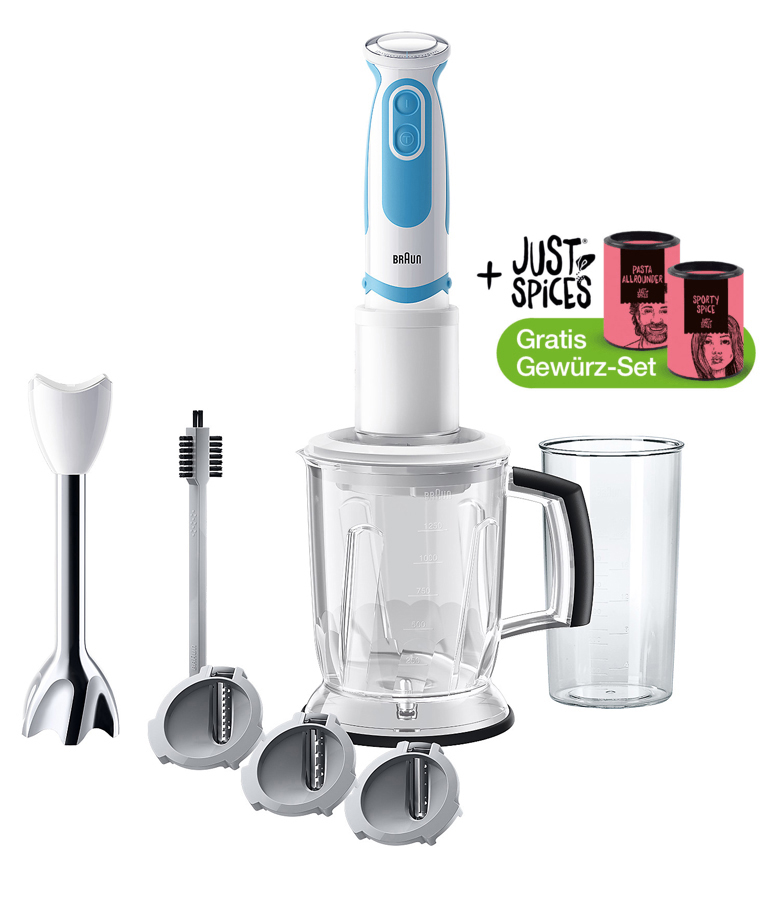 BRAUN MQ 5060 X ONPACK JUST SPICES LIMITED EDITION Stabmixer Weiß/Blau (750 Watt, 600 ml)