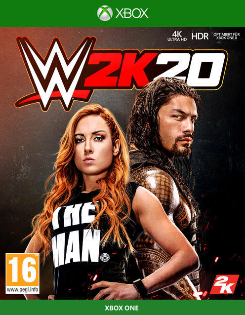 A WWE 2K20 játék borítója, melyen Becky Lynch és Roman Reigns látható egy sötét háttér előtt.