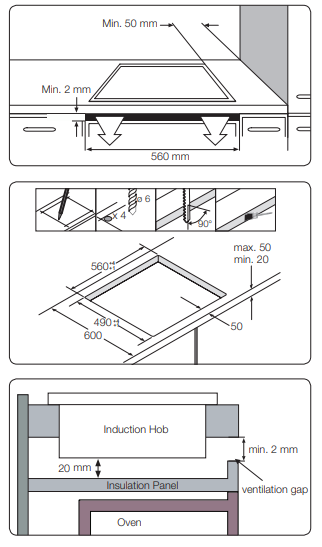 Indukciós főzőlap diagramja méretekkel, a telepítés részleteivel.