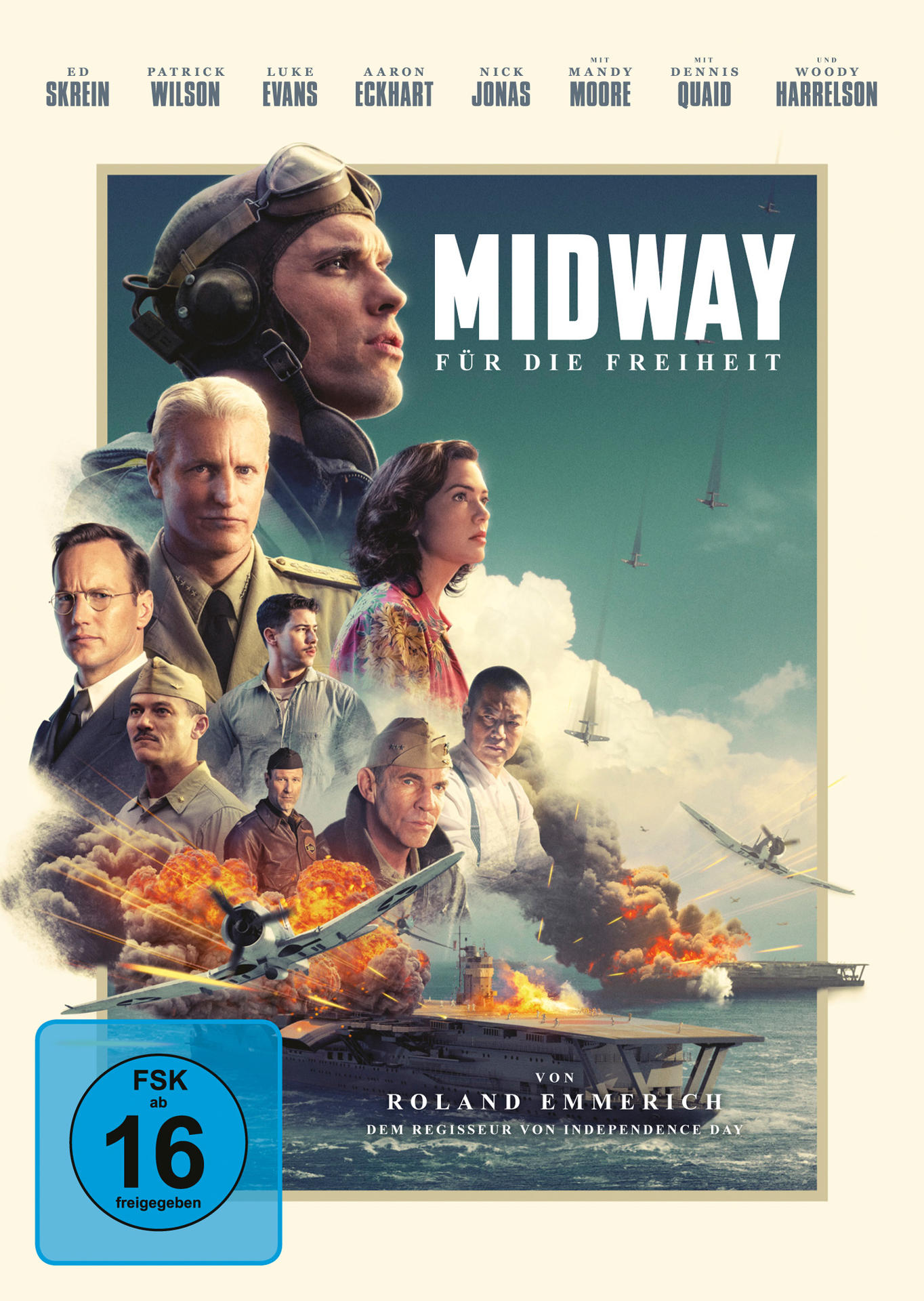 Filmposter mit verschiedenen Schauspielern, Flugzeugträger und Text 'Midway' auf Deutsch.