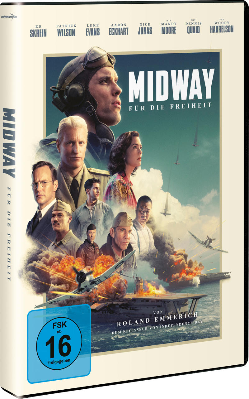 DVD-Cover von 'Midway' mit Schauspielern und einer Kriegsschiffszene im Hintergrund.