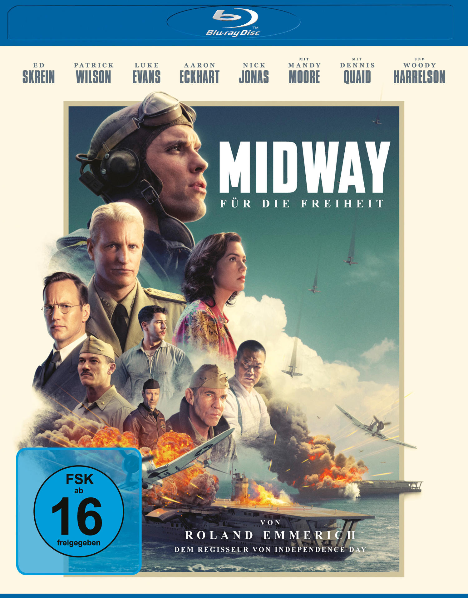 Filmplakat für Midway. Schauspieler sind zu sehen, mit Explosionen und Flugzeugträgern im Hintergrund.