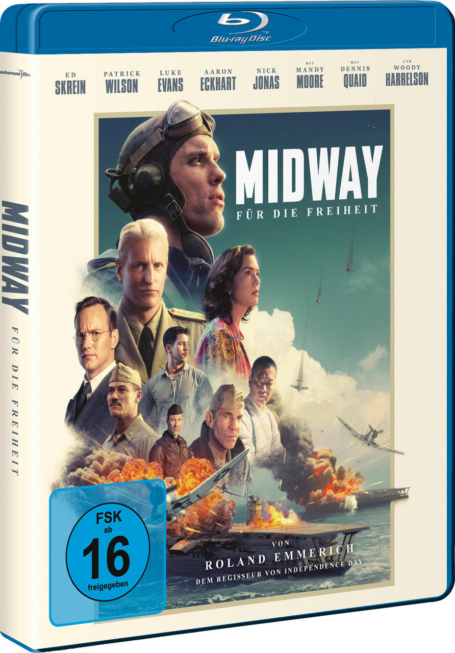Blu-ray-Filmcover für "Midway" auf Deutsch. Enthält eine Montage von Schauspielern und eine Kriegsszene.
