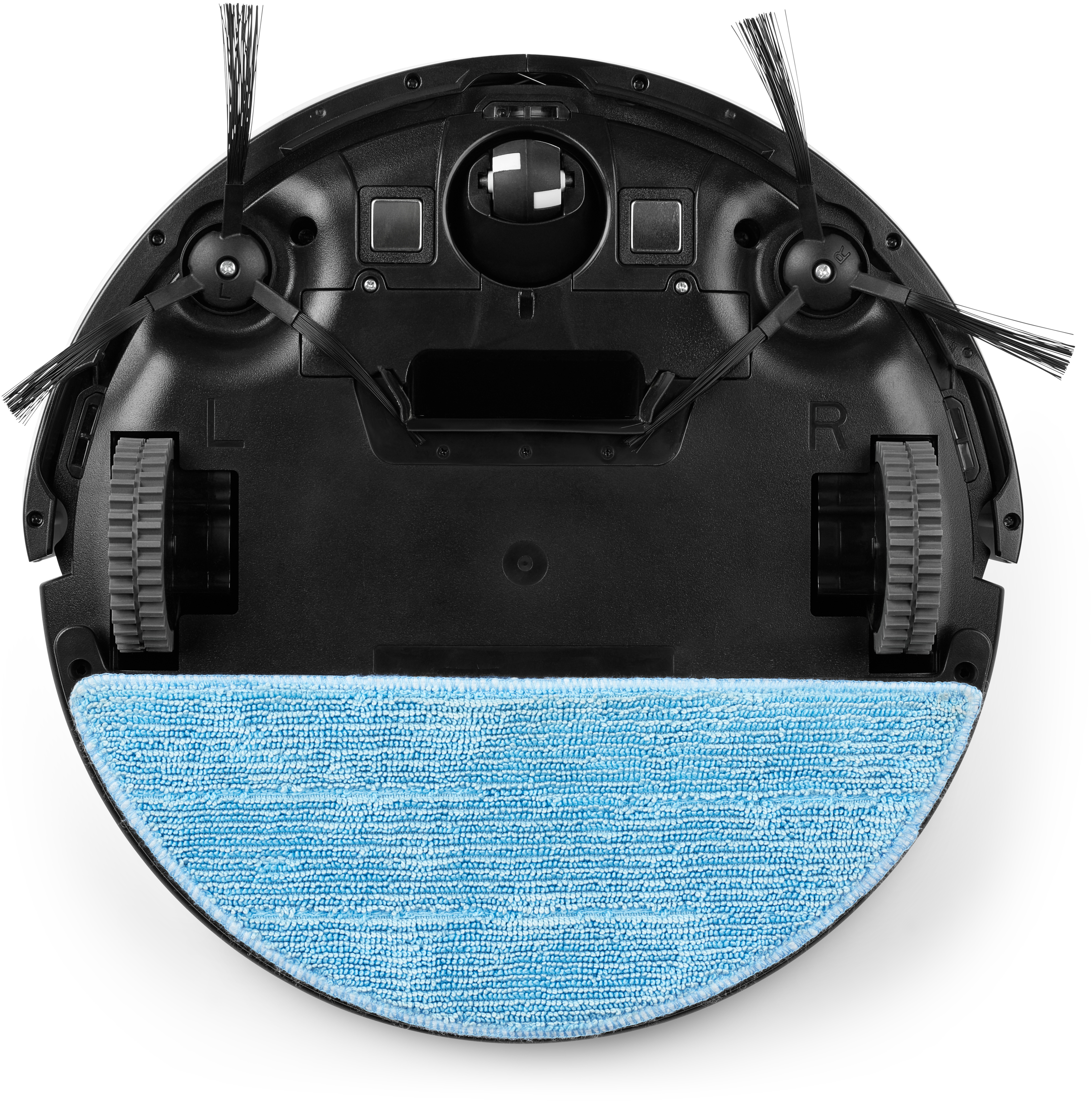 Unteransicht eines Roboter-Staubsaugers, zeigt Räder, Bürsten und ein blaues Reinigungspad.