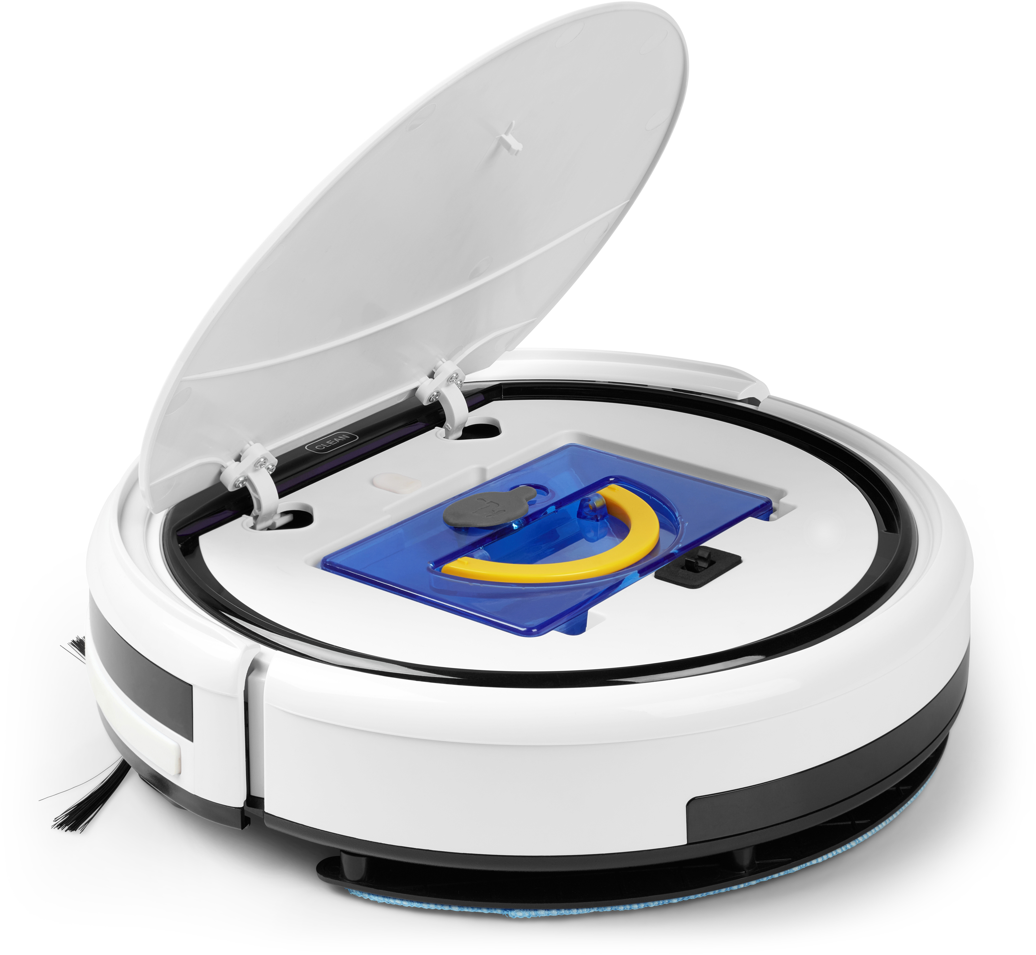 Ein weißer und schwarzer Roboter-Staubsauger mit offenem Deckel, der ein blaues und gelbes Innere zeigt.