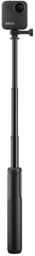 A black GoPro camera is mounted on a telescopic selfie stick, against a white background.