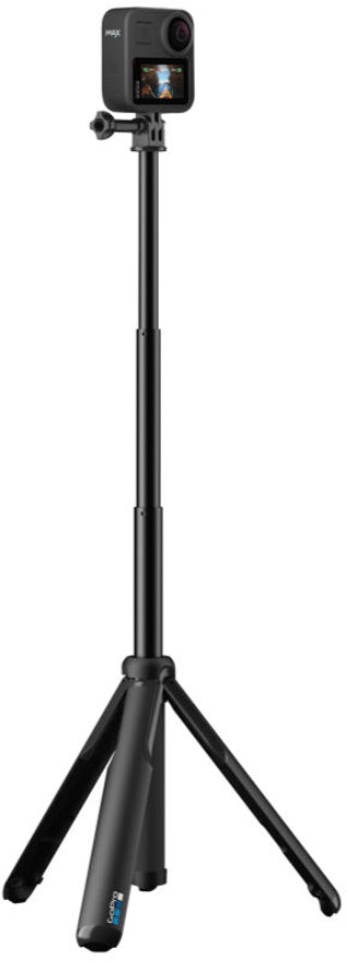 A black action camera on a tripod, with a selfie stick extension.