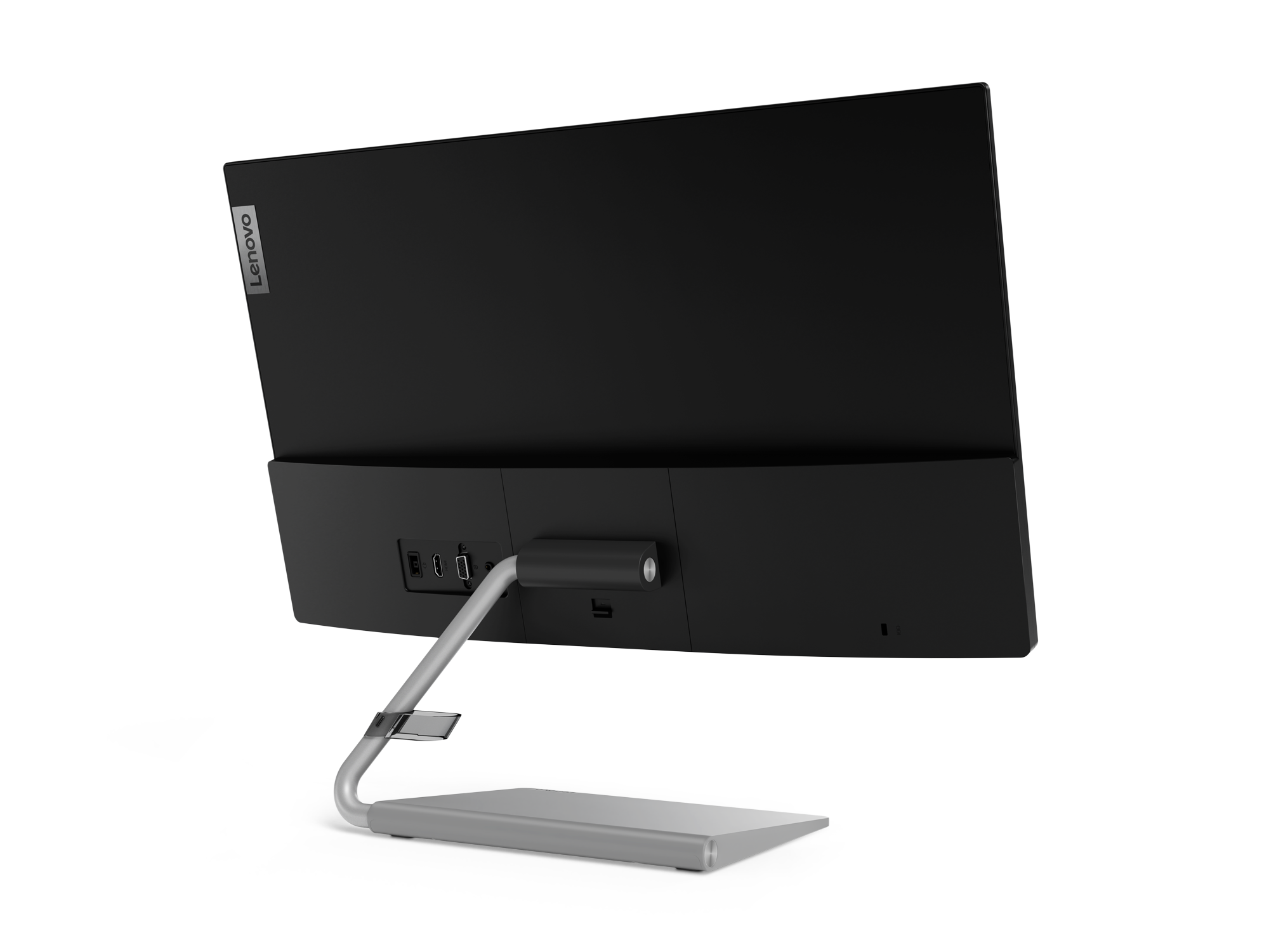 Die Rückseite eines schwarzen Lenovo Computermonitors. Er steht auf einem Ständer.