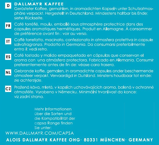 Text auf einer Kaffeeverpackung in Deutsch, Französisch, Italienisch, Spanisch, Niederländisch und Tschechisch.