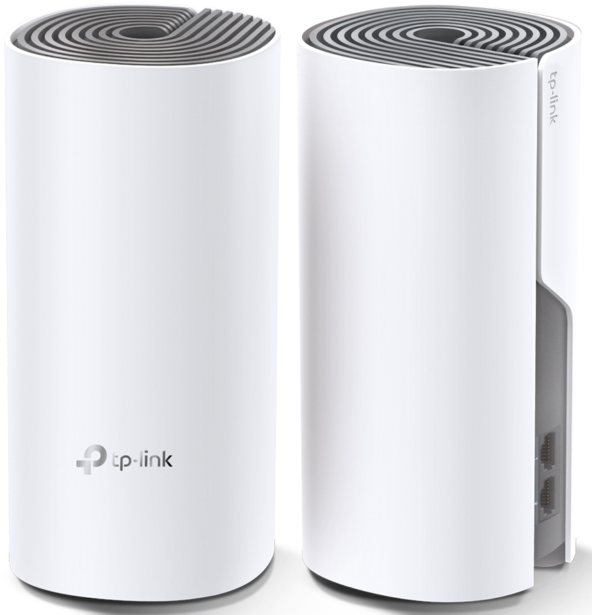 Deux appareils TP-Link cylindriques blancs. Chacun a un dessus rayé. L'un affiche le logo TP-Link. L'autre affiche des ports.