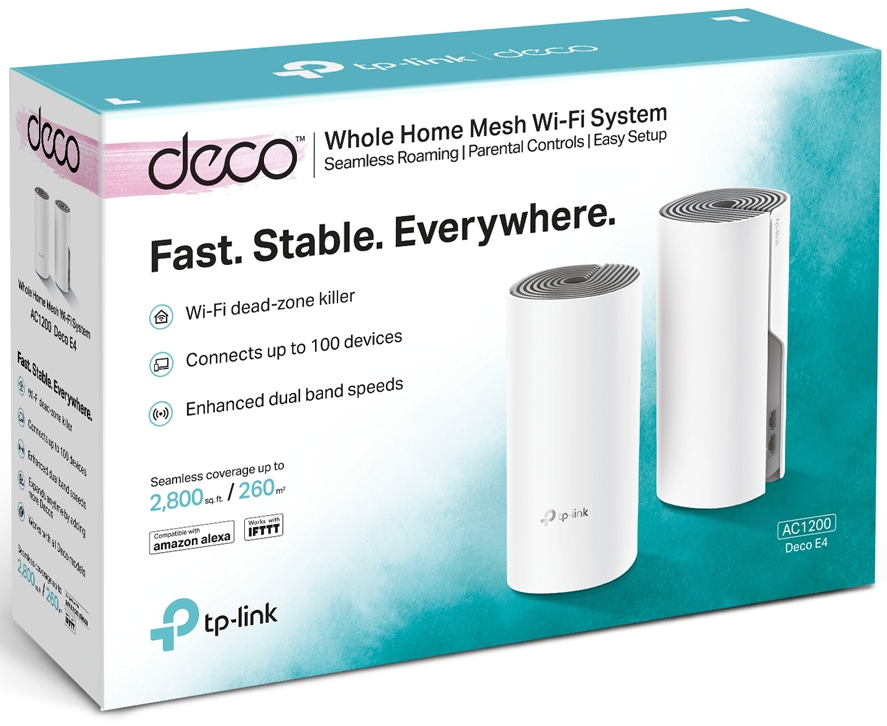 Boîte du système Wi-Fi Mesh Deco de TP-Link. Deux unités Deco blanches sont affichées. Le texte met en évidence des fonctionnalités telles que le Wi-Fi dead-zone killer.