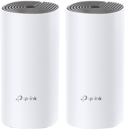 Deux appareils cylindriques blancs. Chacun a un dessus avec des anneaux gris concentriques et un logo TP-Link en bas.
