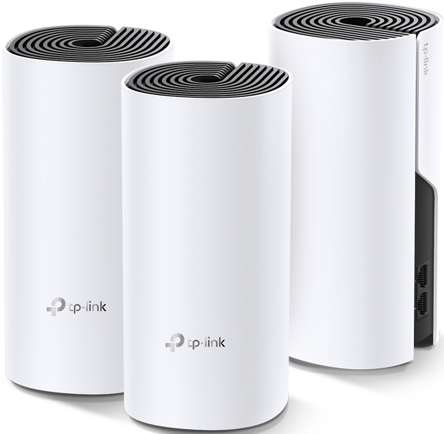 Trois appareils Wi-Fi mesh TP-Link cylindriques blancs. Chacun a un dessus noir avec des cercles concentriques. L'un a des ports sur le côté.