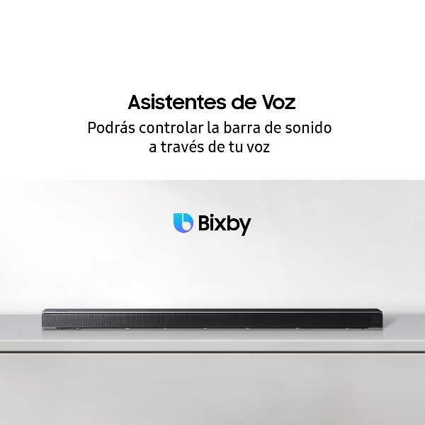 Una barra de sonido sobre una superficie blanca. El texto de arriba dice 'Asistentes de Voz'. Se muestra el logotipo 'Bixby'.