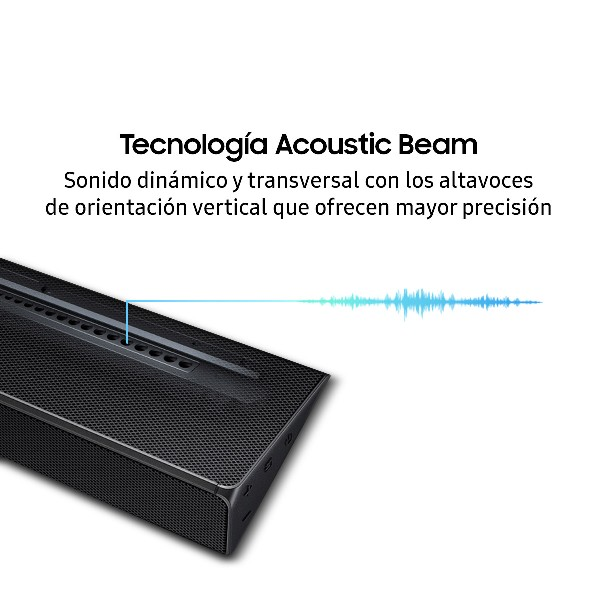 Imagen muestra una barra de sonido con texto que describe la tecnología Acoustic Beam. La barra de sonido es negra con una malla frontal.
