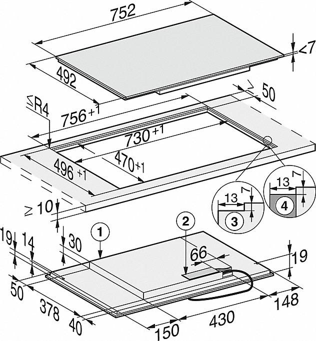 Diagramm eines Kochfelds mit Abmessungen und Ausschnitten, zeigt Installationsdetails. Mehrere Ansichten und Maße.
