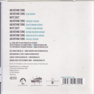 Album-Rückseite. Liste der Songs und Credits. Weißer Hintergrund mit Text.