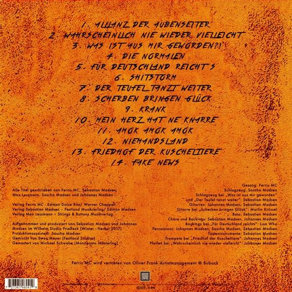 Albumcover mit deutschem Text, Songtiteln und Credits, vor einem orangefarbenen strukturierten Hintergrund.