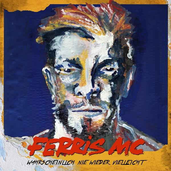 Albumcover mit einem farbenfrohen Porträt eines Mannes, Text in Rot auf blauem Hintergrund.