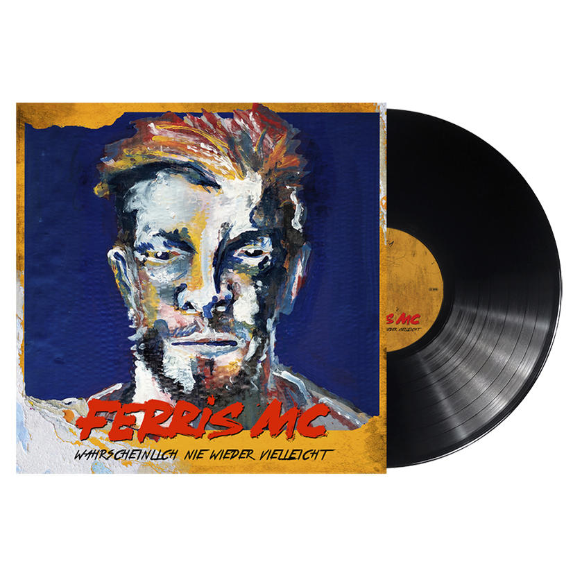Albumcover mit gemaltem Gesicht und Text. Auf der rechten Seite befindet sich eine Schallplatte.