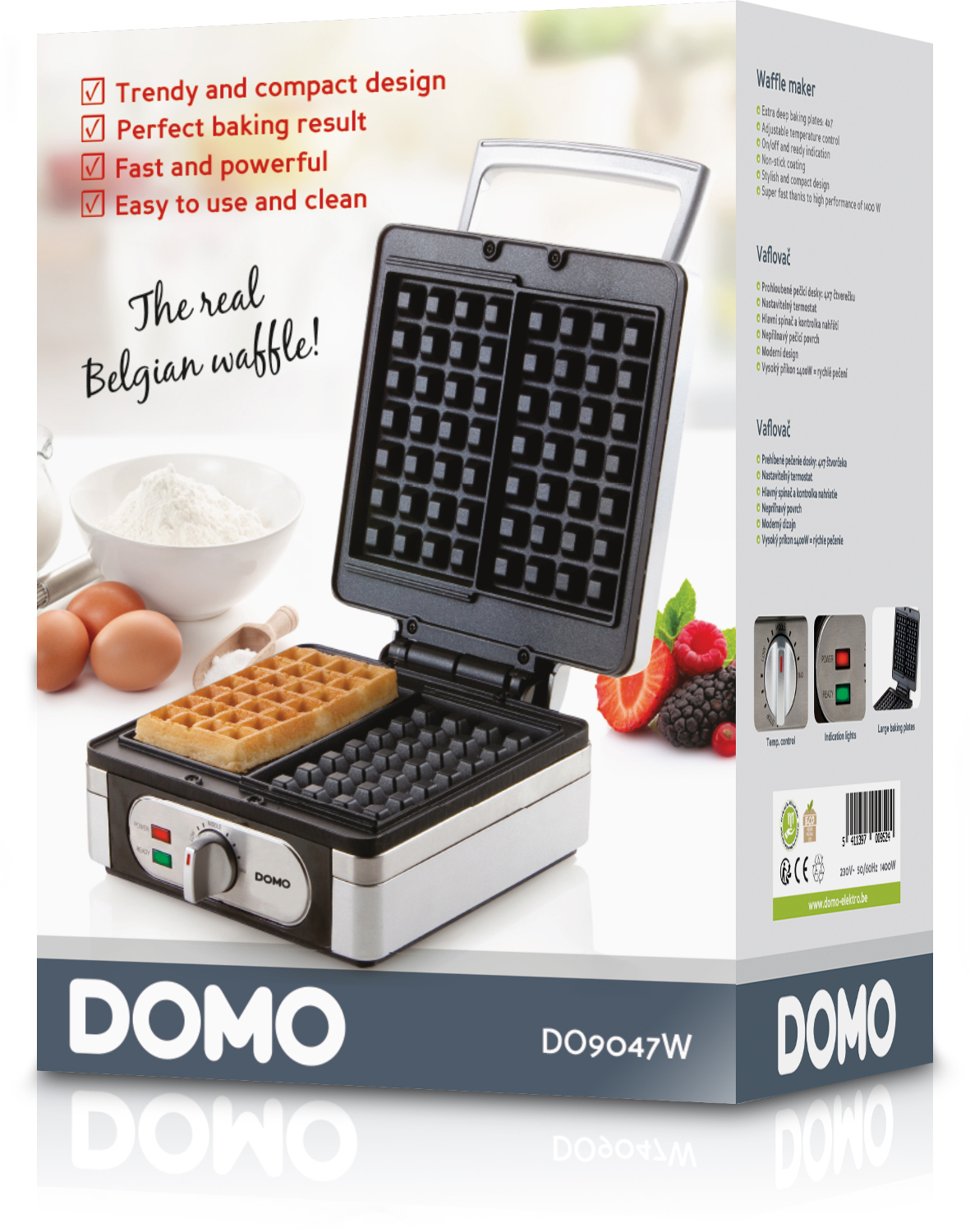 Wafelijzer met wafel, eieren en bessen. Tekst op de verpakking.
