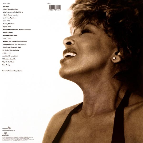 Albumhoes, profiel van Tina Turner, met songtitels en credits op de achterkant.