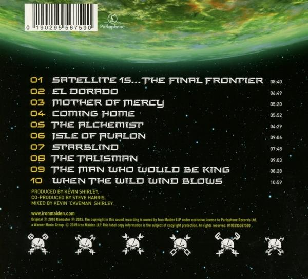 Rückseite einer Iron Maiden CD. Enthält Titelliste und Bandinformationen.