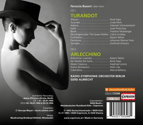 CD-Cover mit einer Frau mit Hut und Text über Turandot und Arlecchino.