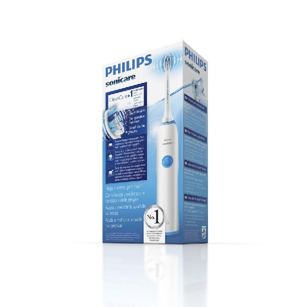 Caja de cepillo de dientes con cepillo dental eléctrico blanco, detalles azules y texto.