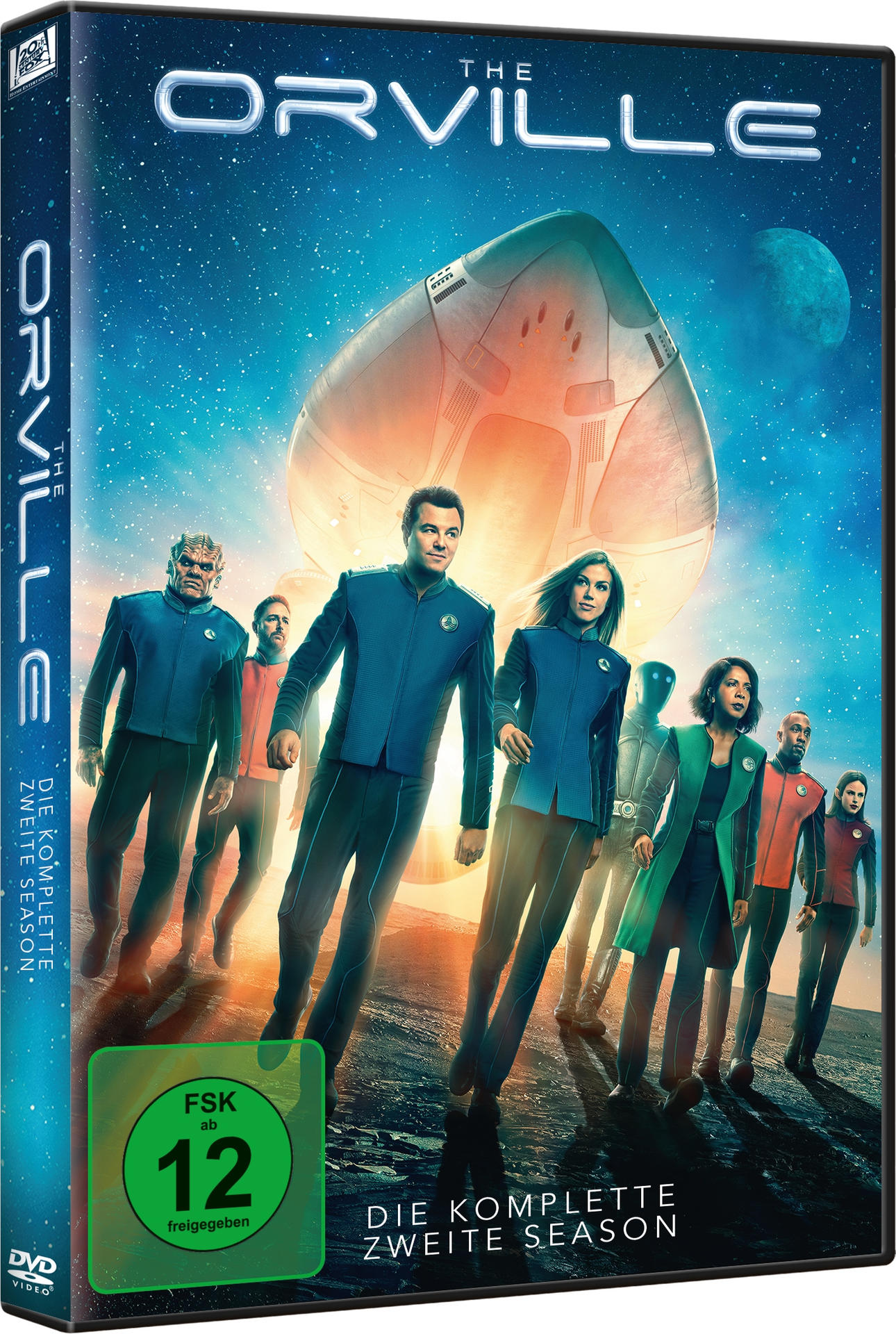 DVD-Cover für 'The Orville' Staffel 2, mit Darstellern und Raumschiff vor blauem Hintergrund.