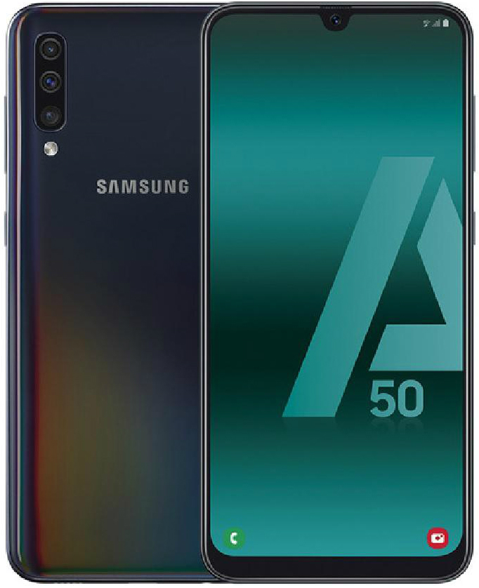 Un smartphone Samsung A50. La pantalla muestra un gráfico 'A50' de color verde azulado. El teléfono tiene una parte trasera azul oscuro con tres cámaras.