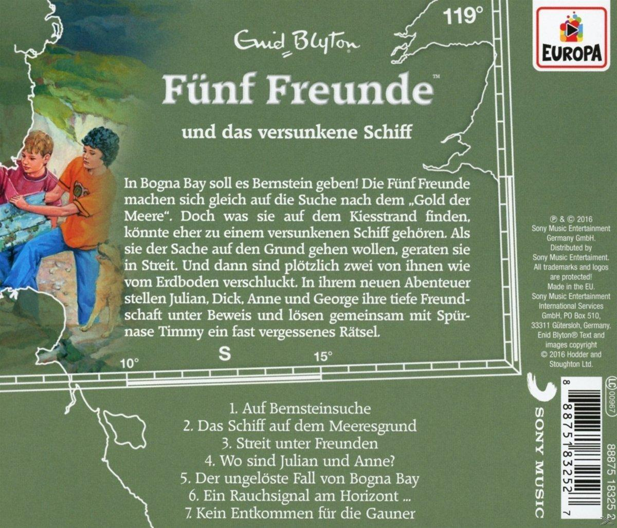 Buchcover: Jungen am Strand, Text 'Enid Blyton', 'Fünf Freunde', Karte, Europa-Logo. Text auf Deutsch.
