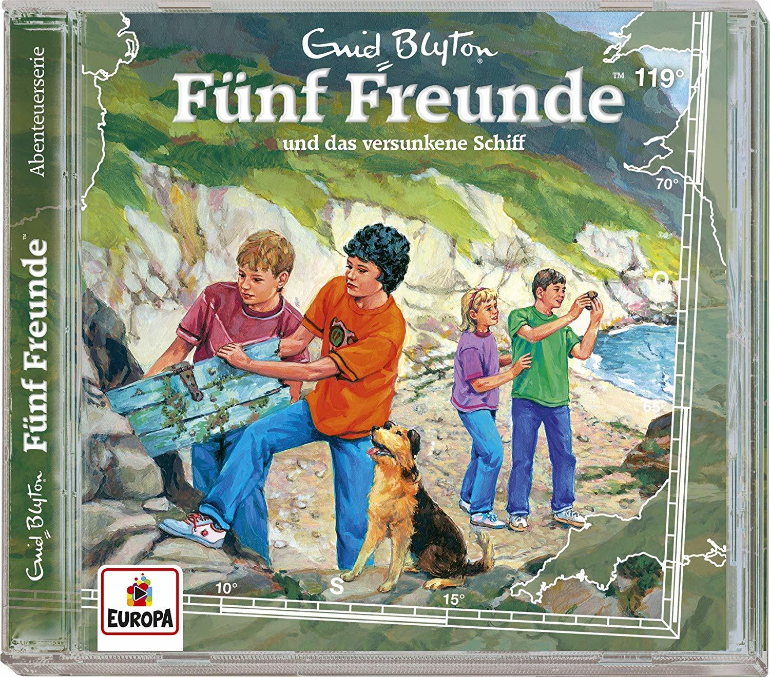 Cover der 'Fünf Freunde' CD. Vier Kinder und ein Hund an einer felsigen Küste.