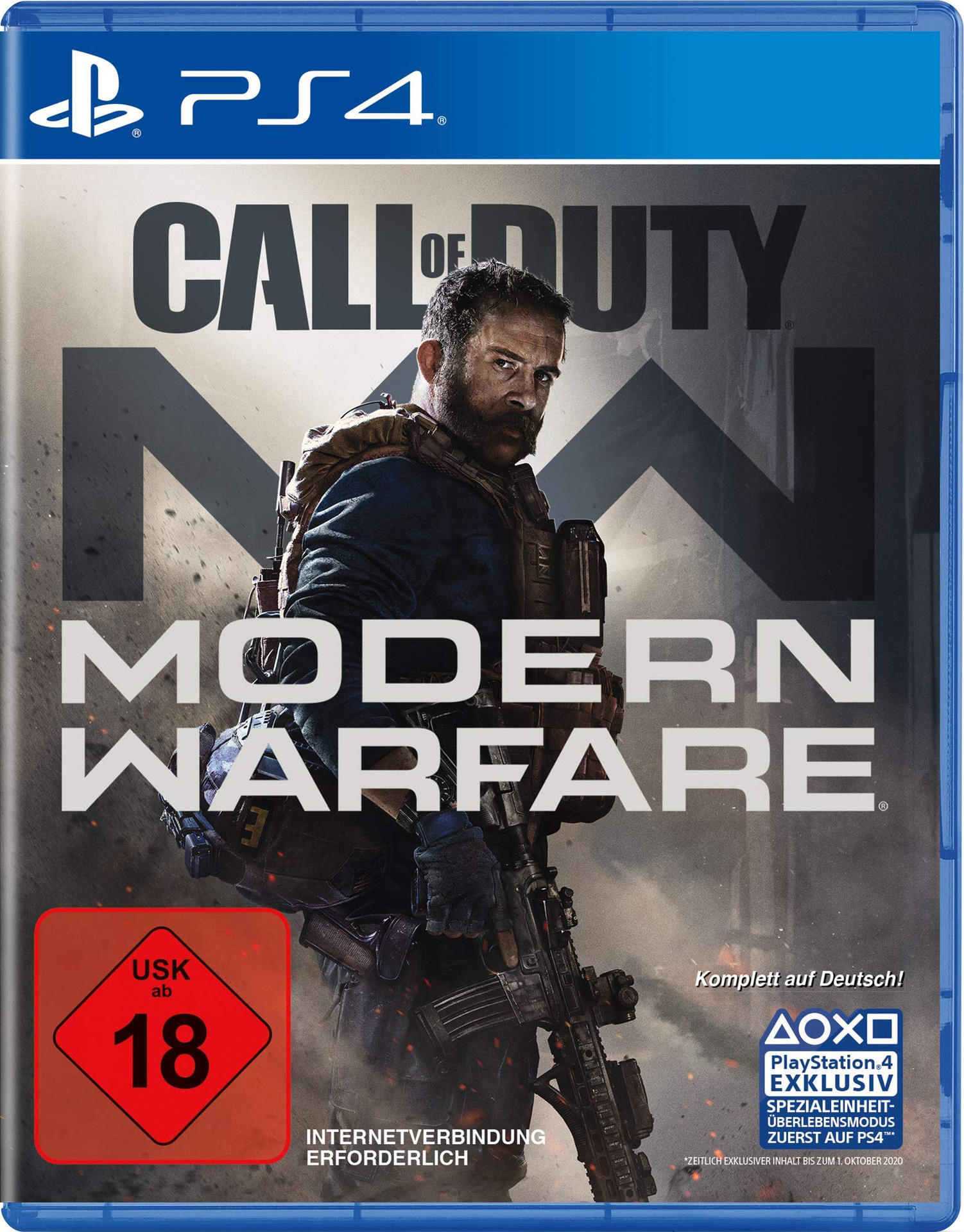 Call of Duty: Modern Warfare PS4-Spielcover. Ein Mann mit Bart, der eine Waffe hält, ist zentriert.