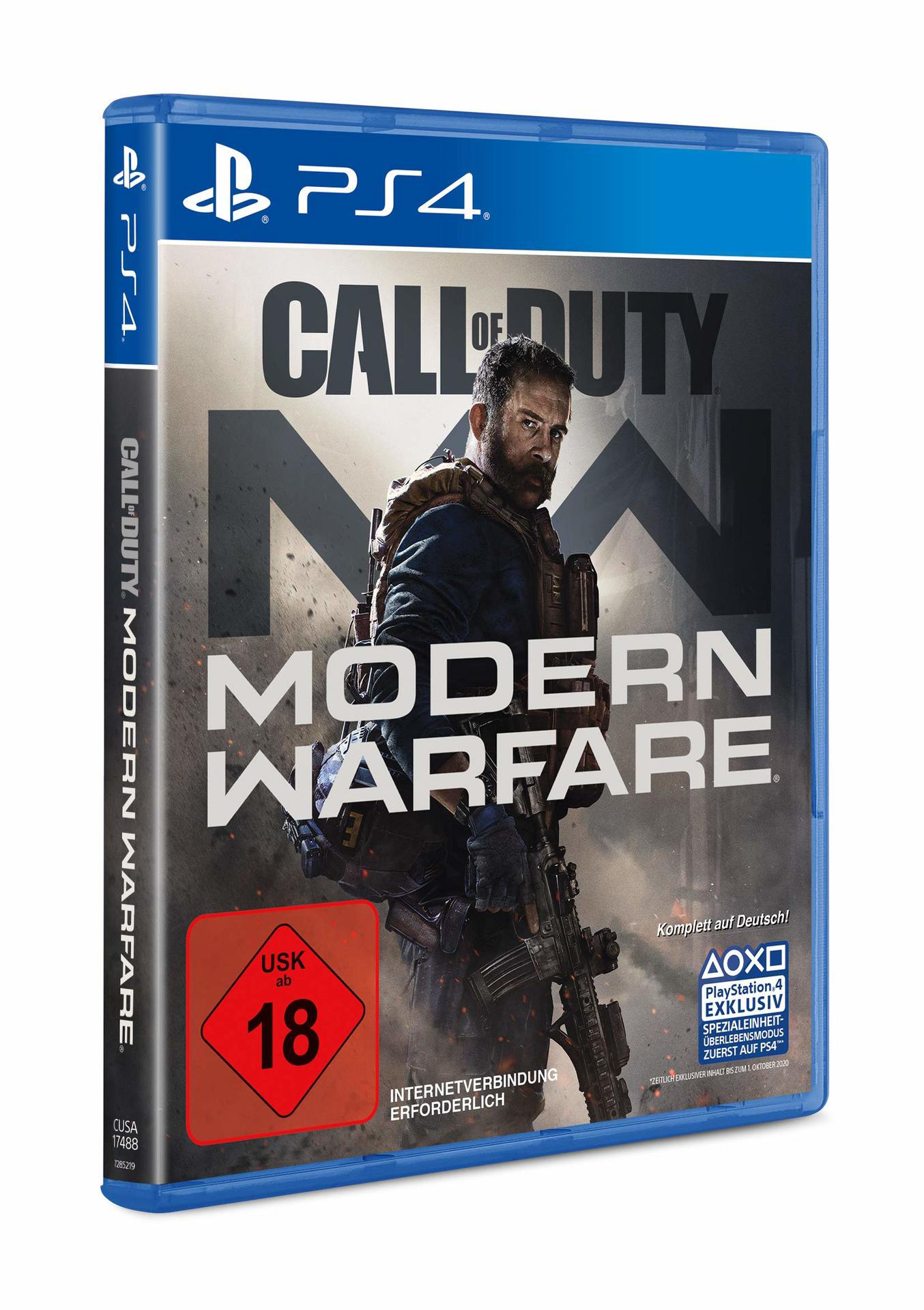 Eine PS4-Spielbox für Call of Duty: Modern Warfare. Das Cover zeigt einen Mann mit Waffe und Titel.